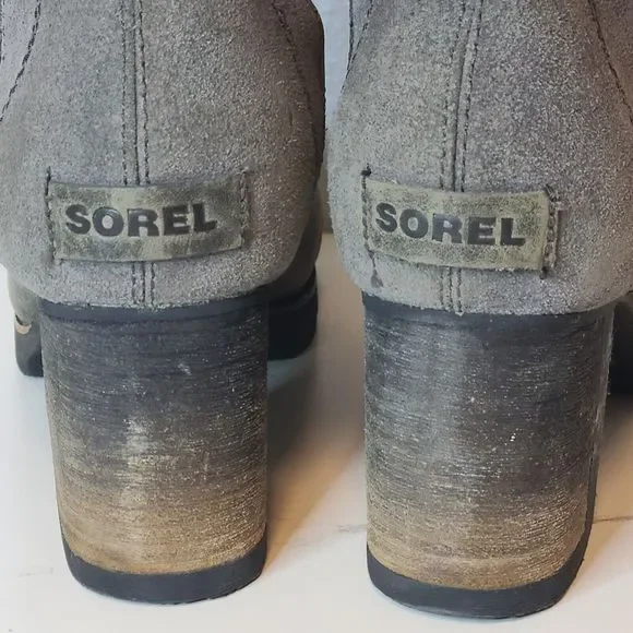 Sorel Women Boots NL2301 Addington Distressed Taupe Gray Leather Tall Heel Sz 7 - Picture 8 of 12